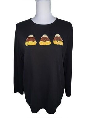 Studio Treat Candy Corn Sequin Top Womens Large Black Halloween Long‎ Sleeve